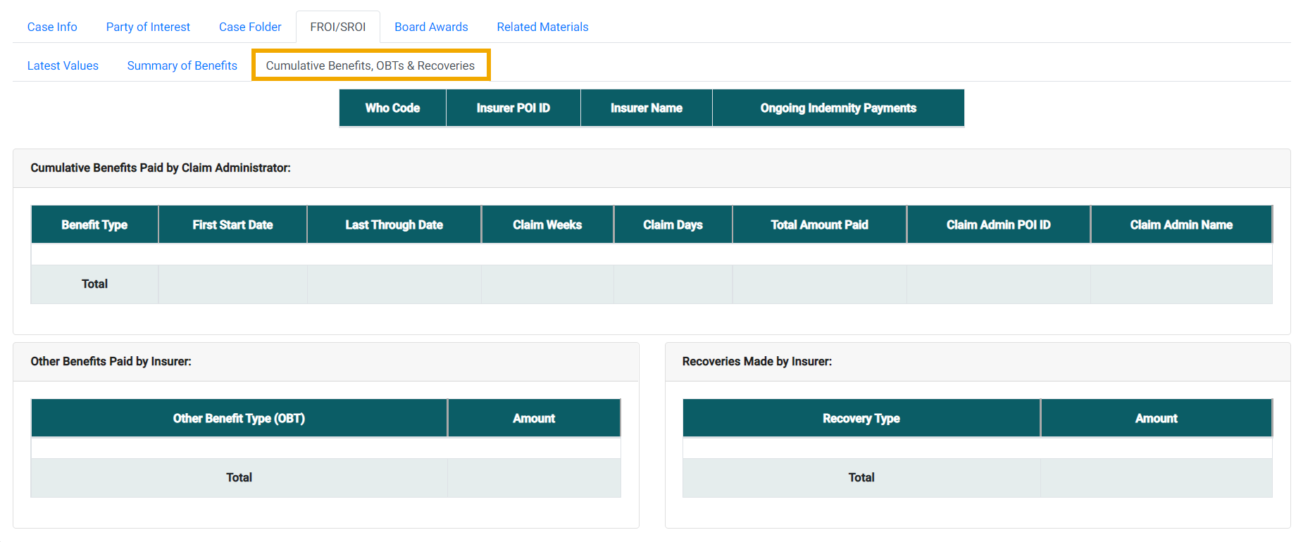 Cumulative Benefits, OBTs, and Recoveries Tab