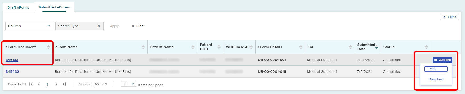 Submitted eforms actions button