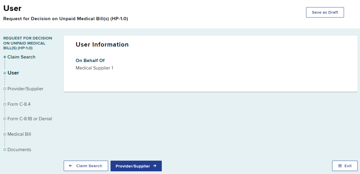 User information showing submission is on behalf of medical supplier