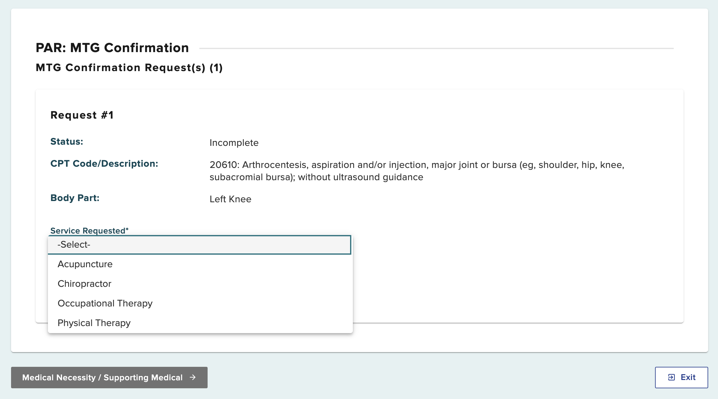 Service requested dropdown options